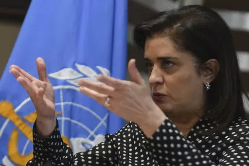 Hanan Balkhy, the head of the World Health Organization's Eastern Mediterranean region, speaks during an interview with the Associated Press in Cairo, Egypt, Monday, June 24, 2024. A senior official with the U.N. health agency says the reconnected U.S.-built pier off the coast of the Gaza Strip cannot supply Palestinians with anywhere near the level of aid they need. Dr. Hanan Balkhy, head of the World Health Organization’s Eastern Mediterranean region, made the remarks after the U.S. military