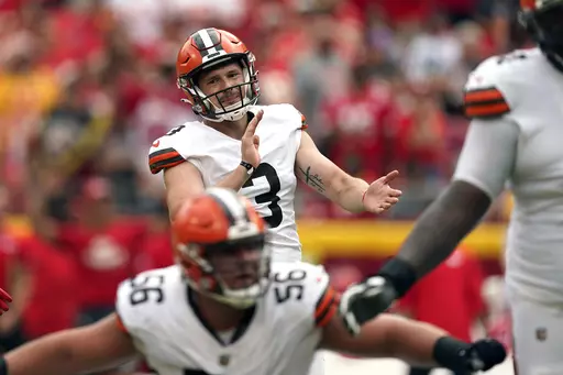 Cleveland Browns place-kicker Cade York reacts after missing a 43-yard field goal attempt late in the second half of an NFL preseason football game against the Kansas City Chiefs Saturday, Aug. 26, 2023, in Kansas City, Mo. The Chiefs won 33-32. (AP Photo/Charlie Riedel)