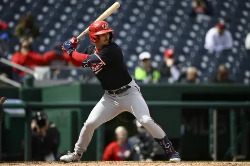 Washington Nationals Futures outfielder Dylan Crews (3) in action during an exhibition baseball game against the Washington Nationals, March 26, 2024, in Washington. (AP Photo/Nick Wass, File)