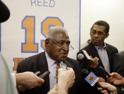 New York Knicks Hall-of-Famer Willis Reed responds to questions during an interview before an NBA basketball game between the Knicks and the Milwaukee Bucks, Friday, April 5, 2013, in New York. Willis Reed, who dramatically emerged from the locker room minutes before Game 7 of the 1970 NBA Finals to spark the New York Knicks to their first championship and create one of sports’ most enduring examples of playing through pain, died Tuesday, March 21, 2023. He was 80. Reed's death was announced b