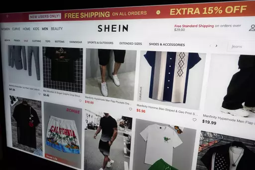 A page from the Shein website is shown in this photo, in New York, Friday, June 23, 2023. Fast fashion retailers Shein and Forever 21 are going into business together. Under a partnership agreement announced Thursday, Aug. 24, 2023 the Chinese-owned Shein will acquire about one-third interest in Sparc Group, Forever 21’s operator. (AP Photo/Richard Drew)