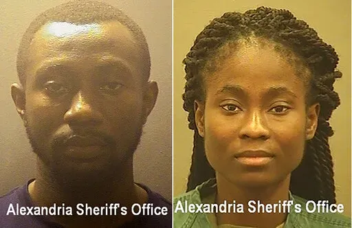 This photo provided by Alexandria Sheriff's Office, shows from left Richard Broni and Linda Mbimadong.  On Friday, Feb. 17, 2022, Broni and Mbimadong,  two of the people who scammed an Annandale man, who is not identified in court papers, will be sentenced in federal court in Alexandria.  They played relatively minor roles in a scam _ prosecutors describe them as “money mules” who never made contact with the victim themselves but helped receive and launder the money in return for a 5% to 10%