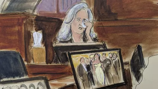 In this courtroom sketch, Natasha Stoynoff weeps on while testifying that Donald Trump pushed himself on to her and made a sexual advance at Mar-a-Lago during her assignment interviewing him and his wife Melania on their one year anniversary, during writer E. Jean Carroll's lawsuit against former President Trump, Wednesday, May 3, 2023, in Manhattan federal court in New York. A photograph of the magazine crew, including Stoynoff, with Donald Trump and Melania is displayed on a computer monitor. 