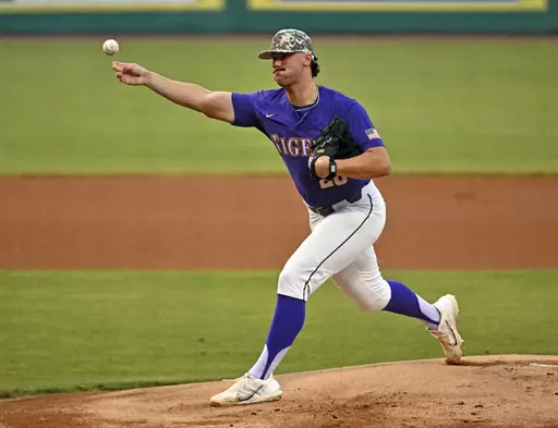 LSU starting pitcher Paul Skenes (20) pitches against Mississippi State during an NCAA college baseball game, Friday, May 12, 2023, at Alex Box Stadium on the campus of LSU in Baton Rouge, La. The LSU Tigers enter the NCAA baseball tournament with the top two prospects in this summer's major baseball draft spearheading their postseason push. Centerfielder Dylan Crews is hitting .420 and was named the SEC player of the year. He's the consensus top prospect in this July's amateur draft. Next is 6-