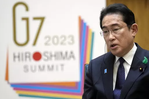 Japan's Prime Minister Fumio Kishida speaks during an interview with foreign media members at the prime minister's office on April 20, 2023, in Tokyo. For the summit of the leaders of the Group of Seven wealth democracies starting on May 19 in Hiroshima, Kishida has also invited eight other guest countries: South Korea; Australia; India; Brazil; Vietnam; Indonesia; Comoros and the Cook Islands. (AP Photo/Eugene Hoshiko, File)