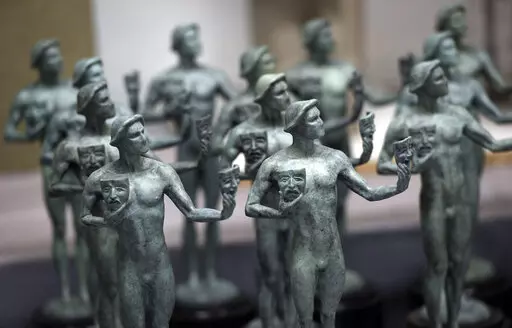 Finished solid bronze Actor statuettes are displayed during the 25th Annual Casting of the Screen Actors Guild Awards at American Fine Arts Foundry, Tuesday, Jan. 15, 2019, in Burbank, Calif.  The 2022 SAG Awards are scheduled to take place on Feb. 27. (Photo by Chris Pizzello/Invision/AP, File)