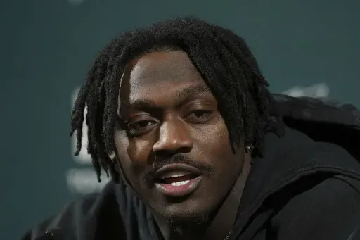 Philadelphia Eagles' A.J. Brown speaks during an NFL football news conference in Philadelphia, Thursday, Jan. 30, 2025, ahead of Super Bowl LIX against the Kansas City Chiefs. (AP Photo/Matt Rourke)