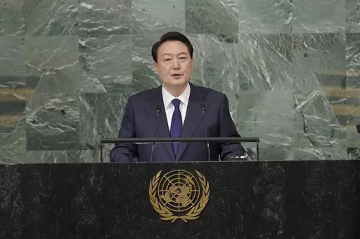 South Korean President Yoon Suk Yeol addresses the 77th session of the United Nations General Assembly on Sept. 20, 2022 at U.N. headquarters. South Korea’s President Yoon said the international community “will unite more tightly” to cope with deepening military cooperation between Russia and North Korea, as he pushes to raise the issue with world leaders at the U.N. General Assembly this week.(AP Photo/Mary Altaffer, File)