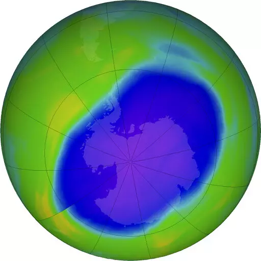 In this NASA false-color image, the blue and purple shows the hole in Earth's protective ozone layer over Antarctica on Oct. 5, 2022. Earth’s protective ozone layer is slowly but noticeably healing at a pace that would fully mend the hole over Antarctica in about 43 years, a new United Nations report says. (NASA via AP, File)