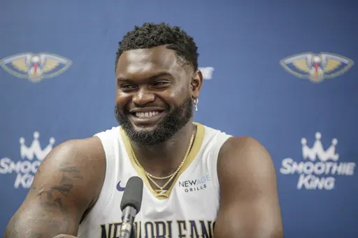 New Orleans Pelicans forward Zion Williamson (1) talks to the media during the NBA basketball team's media day at the Smoothie King Center in New Orleans, Monday, Sept. 30, 2024. (David Grunfeld/The New Orleans Advocate via AP)