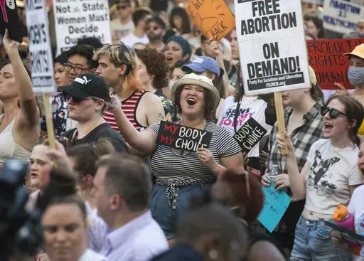 Abortion-rights supporters protest on the steps of the John Minor Wisdom United States of Appeals Fifth Circuit Building after the Supreme Court decision to overturn Roe v. Wade, in New Orleans, Friday, June 24, 2022. Democratic lawmakers in Louisiana are pushing bills to add exceptions, including in cases of rape and incest, to the state’s near-total abortion ban. A GOP-dominated House committee began its review of those measures Tuesday, April 30, 2024, but similar proposals for loosening on