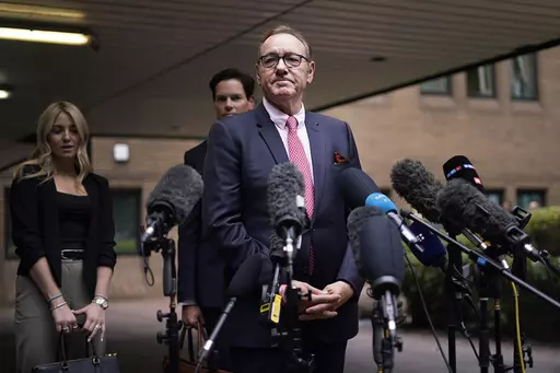 Actor Kevin Spacey addresses the media outside Southwark Crown Court in London, Wednesday, July 26, 2023. A Jury cleared Kevin Spacey of nine sex offences. The Hollywood star, 64, had been on trial at Southwark Crown Court accused of sexually assaulting four men in the period between 2001 and 2013. (AP Photo/Alberto Pezzali)