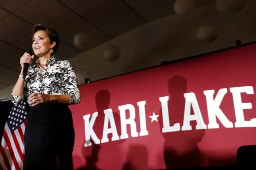 Kari Lake, former Republican candidate for Arizona governor, speaks during a lunch hosted by the Scott County Republican Women, Friday, Feb. 10, 2023, in Bettendorf, Iowa. An Arizona appeals court on Thursday, Feb. 16, 2023, rejected Lake’s challenge of her defeat in the Arizona governor’s race to Democrat Katie Hobbs, denying her request to throw out election results in the state’s most populous county and hold the election again. (Nikos Frazier/Quad City Times via AP, File)