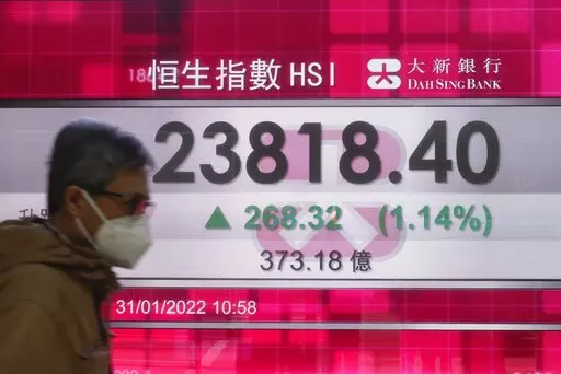 A man walks past a bank's electronic board showing the Hong Kong share index at Hong Kong Stock Exchange Monday, Jan. 31, 2022. Asian stocks followed Wall Street higher Monday at the start of a week when China, South Korea and Southeast Asian markets will close for the Lunar New Year holiday. (AP Photo/Vincent Yu)