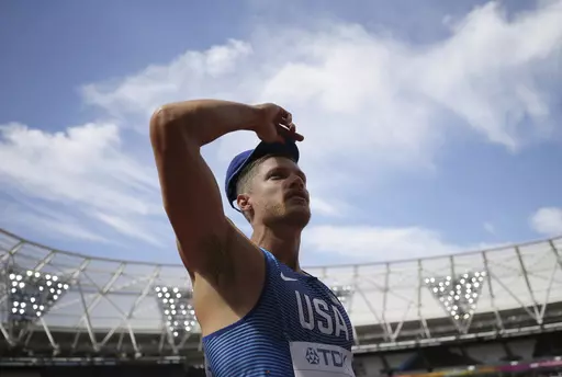 United States' Trey Hardee prepares to compete in the Decathlon shot put during the World Athletics Championships in London Friday, Aug. 11, 2017. (AP Photo/Tim Ireland, File)