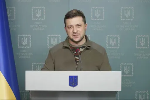 In this image from video provided by the Ukrainian Presidential Press Office, Ukrainian President Volodymyr Zelenskyy speaks in Kyiv, Ukraine, March 6, 2022. (Ukrainian Presidential Press Office via AP, File)