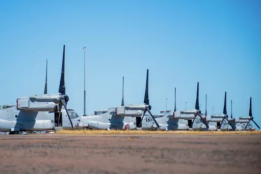 In this photo released by Australian Department of Defense, United States Marine Corps MV-22B Osprey tiltrotor aircraft are parked at RAAF Base Darwin, Australia, Aug. 11, 2023, during Exercise Alon at the Indo-Pacific Endeavour 2023. Several U.S. Marines remained in a hospital in the Australian north coast city of Darwin on Monday after they were injured in a fiery crash of a tiltrotor aircraft on an island. (CPL Robert Whitmore/Australian Department of Defense via AP)