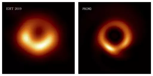 This combination of images provided by researcher Lia Medeiros shows images of the M87 black hole released in 2019, left, and an updated one for 2023. The new version, published Thursday, April 13, 2023, in the Astrophysical Journal Letters — keeps the original shape, but with a skinnier ring and a sharper resolution. Even with many telescopes working together, gaps remained in the data. In the latest study, scientists relied on the same data and used machine learning to fill in the missing pi