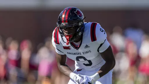 Arkansas State defensive back Trevian Thomas looks on during an NCAA football game on Oct. 7, 2023, in Troy, Ala. Thomas returned a fumble 91 yards for one of Arkansas State's three defensive touchdowns in a 77-31 Sun Belt Conference win over Texas State on Saturday, Nov. 18, 2023, in Jonesboro, Ark. The 77 points were most by a team this season in a conference game. (AP Photo/Vasha Hunt, File)