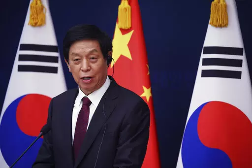 China's National People's Congress (NPC) Standing Committee Chairman Li Zhanshu speaks during a joint news conference with South Korea's National Assembly Speaker Kim Jin Pyo at the National Assembly in Seoul, South Korea Friday, Sept. 16, 2022. (Kim Hong-Ji/Pool Photo via AP)