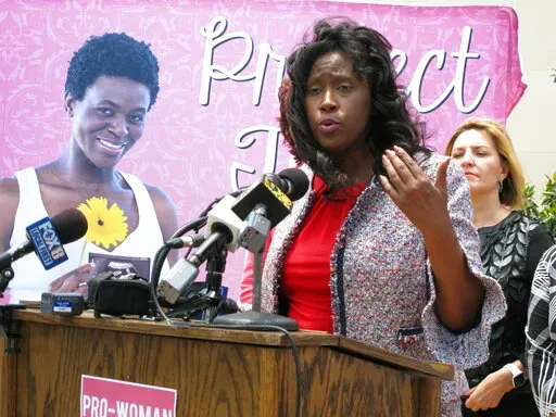 Rep. Katrina Jackson, D-Monroe, talks to reporters about her bill asking voters to add language into the state constitution declaring that it doesn't protect abortion rights, on May 21, 2019, in Baton Rouge, La. A New Orleans woman says in a federal lawsuit Thursday, Feb. 9, 2023, that she was illegally blocked from Jackson's Twitter account after posting comments critical of the lawmaker's anti-abortion efforts. (AP Photo/Melinda Deslatte, File)