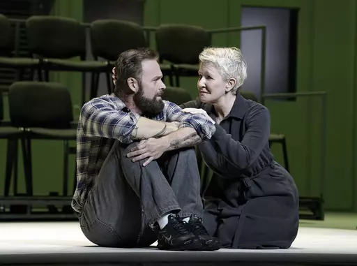 This image released by the Metropolitan Opera shows Ryan McKinny as Joseph De Rocher, left, and Joyce DiDonato as Sister Helen Prejean in Jake Heggie's "Dead Man Walking," which opens the Metropolitan Opera season on Sept. 26. (Karen Almond/Met Opera via AP)