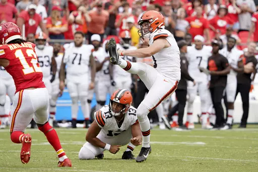 Cleveland Browns place kicker Cade York (3) kicks a field goal during an NFL preseason football game against the Kansas City Chiefs Saturday, Aug. 26, 2023, in Kansas City, Mo. Cleveland is re-signing York, a fourth-round draft pick in 2022 whose struggles led to him being cut before last season, a person familiar with the team's decision told The Associated Press on Saturday, March 23, 2024. (AP Photo/Ed Zurga, File)
