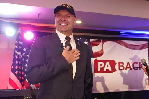 State Sen. Doug Mastriano, R-Franklin, a Republican candidate for governor of Pennsylvania, takes part in a primary night election gathering in Chambersburg, Pa., Tuesday, May 17, 2022. (AP Photo/Carolyn Kaster, File)