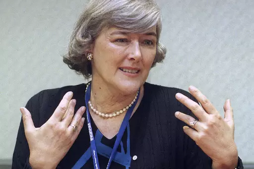 Pat Schroeder speaks to a reporter during an interview at the Los Angeles Convention Center on April 30, 1999. Schroeder, a former Colorado representative and pioneer for women's and family rights in Congress, died Monday night, March 13, 2023, at the age of 82. Schroeder's former press secretary, Andrea Camp, said Schroeder suffered a stroke recently and died at a hospital in Florida, the state where she had been residing. (AP Photo/Nick Ut, File)