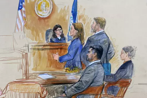 This artist sketch depicts Judge Dipti Pidikiti-Smith of the Fairfax County General District Court, presiding over the assault and battery trial of CIA officer trainee Ashkan Bayatpour, seated left, in Fairfax, Va., Wednesday, Aug. 23, 2023. Standing in front of the judge are the prosecutor, Deputy Commonwealth's Attorney Jenna Sands, left, and Bayatpour's defense lawyer Stuart A. Sears, right. The judge found Bayatpour guilty Wednesday of attacking a fellow CIA trainee with a scarf in the stair