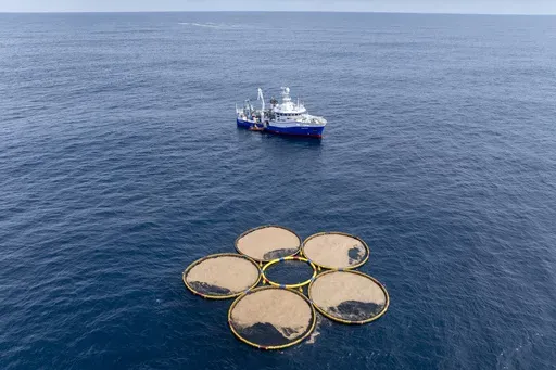 In this photo provided by Gigablue, circular structures called booms containing particles engineered by the company Gigablue, float near a research vessel in the Pacific Ocean off the coast of Dunedin, New Zealand, Saturday, Oct. 19, 2024, as part of a project to grow tiny organisms known as phytoplankton that absorb carbon dioxide from the ocean. (Gigablue via AP)