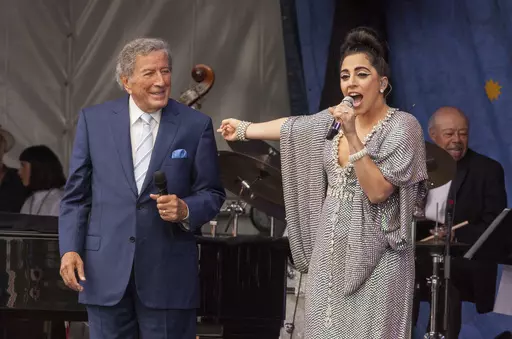 Tony Bennett, left, and Lady Gaga perform at the New Orleans Jazz & Heritage Festival, on April 26, 2015 in New Orleans. Bennett died Friday, July 21, 2023. at age 96. (Photo by Barry Brecheisen/Invision/AP, File)