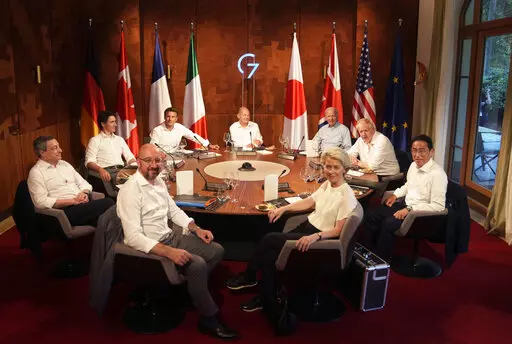 Group of Seven leaders gather for a dinner event at Castle Elmau in Kruen, near Garmisch-Partenkirchen, Germany, on Sunday, June 26, 2022. The Group of Seven leading economic powers are meeting in Germany for their annual gathering Sunday through Tuesday. Leaders clockwise from front left, European Council President Charles Michel, Italy's Prime Minister Mario Draghi, Canada's Prime Minister Justin Trudeau, French President Emmanuel Macron, German Chancellor Olaf Scholz, U.S. President Joe Biden