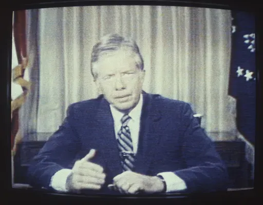 In an image from a television screen, President Jimmy Carter delivers his energy speech in which he spoke of a "crisis of confidence," July 15, 1979, from the Oval Office at the White House in Washington. Some referred to the speech as his "malaise speech," although he never used that word during it. (AP Photo/Dale G. Young, File)