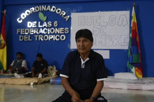 Former President Evo Morales chews coca leaves during a hunger strike in Lauca N, in the Chapare region, Bolivia, Sunday, Nov. 3, 2024, amid an ongoing political conflict with the government of President Luis Arce. (AP Photo/Juan Karita)