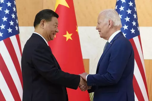 President Joe Biden, right, and Chinese President Xi Jinping shake hands before their meeting on the sidelines of the G20 summit meeting in Nusa Dua, in Bali, Indonesia on Nov. 14, 2022. The U.S. and Chinese leaders meet Wednesday while attending the annual Asia-Pacific Economic Cooperation summit in San Francisco. (AP Photo/Alex Brandon, File)