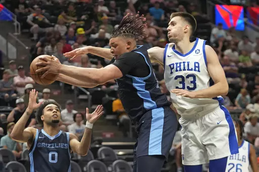 Memphis Grizzlies forward Kenneth Lofton Jr., center, pulls down a rebound as Philadelphia 76ers center Filip Petrusev (33) defends in the second half during an NBA Summer League basketball game Monday, July 3, 2023, in Salt Lake City. (AP Photo/Rick Bowmer)