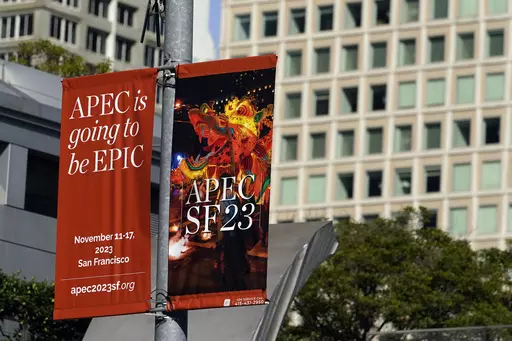 An APEC Summit sign welcomes visitors Friday, Nov. 10, 2023, in San Francisco. World leaders, CEOS, protesters and thousands of others will soon descend on San Francisco for the high-profile trade summit. (AP Photo/Godofredo A. Vásquez, File)