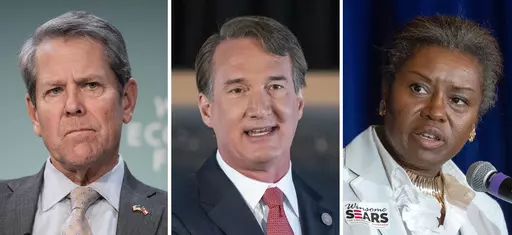 This combination photo shows Georgia Gov. Brian Kemp on Jan. 18, 2024, from left, Virginia Gov. Glenn Youngkin on Dec. 13, 2023, and Virginia Lt. Gov. Winsome Sears on Sept. 1, 2021. Many GOP leaders in battleground states are offering former President Donald Trump only tepid support, or not endorsing him at all, in the 2024 presidential election. (AP Photo)