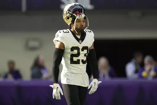 New Orleans Saints cornerback Marshon Lattimore (23) stands on the field before an NFL football game against the Minnesota Vikings, Nov. 12, 2023, in Minneapolis. On Tuesday, Dec. 26, New Orleans Saints coach Dennis Allen all but ruled out the return of top cornerback Lattimore or starting receiver Michael Thomas for the team's game at Tampa Bay on Sunday, Dec. 31. (AP Photo/Abbie Parr, File)