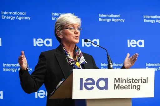 US Secretary of Energy Jennifer M. Granholm speaks during the closing media conference at the International Energy Agency (IEA) ministerial meeting in Paris, on March 24, 2022. Granholm said Wednesday, April 27, 2022, that Russia's war on Ukraine “screams” that the world needs to stop importing oil and gas from Russia and instead move toward other forms of energy.  (AP Photo/Michel Euler, File)