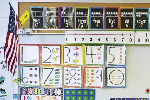 Instructional materials are posted on a wall of a kindergarten class in Maryland on Tuesday, Jan. 24, 2023. The proportion of U.S. kindergartners exempted from school attendance vaccination requirements has hit its highest level ever, 3%, U.S. health officials said Thursday, Nov. 9, 2023. (AP Photo/Julia Nikhinson, File)