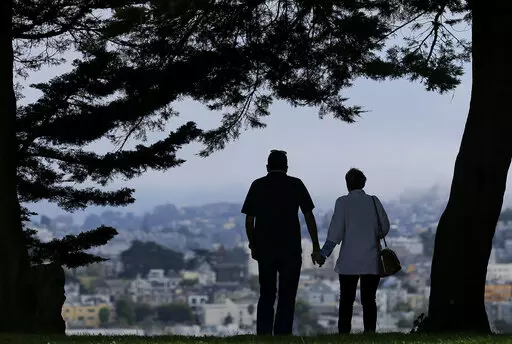FILE- A man and woman walk under trees down a path at Alta Plaza Park in San Francisco. People in the final stretches of their working years feel less prepared to successfully age in their own homes than those who are 65 and older and already likely to have shifted into their retirement years. That age gap is among the key findings of The Associated Press-NORC Center for Public Affairs poll. (AP Photo/Jeff Chiu, File)