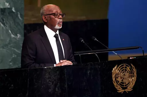 Minister for Foreign Affairs of Cameroon Lejeune Mbella Mbella addresses the 77th session of the United Nations General Assembly, Monday, Sept. 26, 2022, at the U.N. headquarters. (AP Photo/Julia Nikhinson)