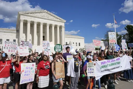 Abortion rights activists and Women's March leaders protest as part of a national day of strike actions outside the Supreme Court, Monday, June 24, 2024, in Washington. (AP Photo/Alex Brandon)