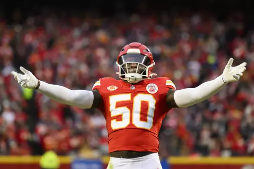 FILE -Kansas City Chiefs linebacker Willie Gay celebrates a defensive play against the Cincinnati Bengals during the first half of an NFL football game, Sunday, Dec. 31, 2023 in Kansas City, Mo. The New Orleans Saints and former Kansas City Chiefs linebacker Willie Gay have agreed to a one-year contract worth up to $5 million, a personal familiar with the matter said Tuesday night, March 12, 2024. (AP Photo/Reed Hoffmann, File)