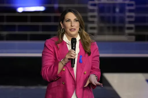 Republican National Committee chair Ronna McDaniel speaks before a Republican presidential primary debate hosted by NBC News, Nov. 8, 2023, in Miami. The RNC is meeting behind closed doors in Las Vegas, but top party officials will no longer consider a resolution proposed to declare former President Donald Trump the presumptive Republican nominee. McDaniel suggested last week that Haley had no path to the nomination in light of Trump's majority vote totals in the Jan. 15 Iowa caucuses and the Ja