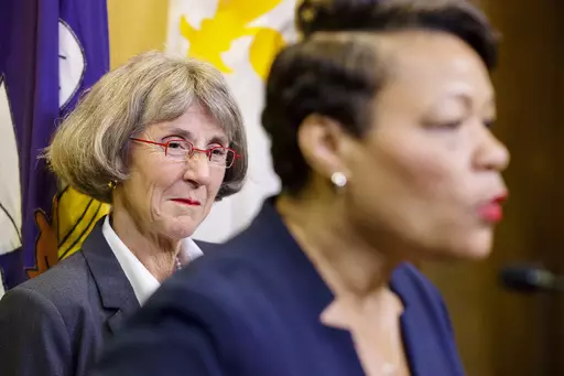 Anne Kirkpatrick, left, listens as New Orleans Mayor LaToya Cantrell, right, announces Kirkpatrick as her nominee to head the New Orleans Police Department, Sept. 11, 2023, at City Hall in New Orleans. Kirkpatrick, a veteran police official who has served as chief of departments in Spokane, Wash., and Oakland, Calif., won City Council approval as New Orleans' new police chief Thursday, Oct. 19, on a 6-1 vote. (Chris Granger/The Times-Picayune/The New Orleans Advocate via AP, File)