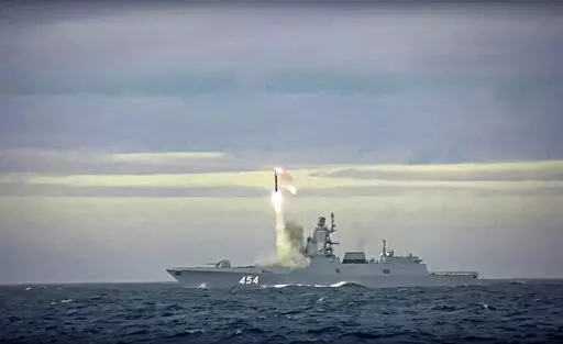 In this image taken from video released by Russian Defense Ministry Press Service on Saturday, May 28, 2022, a new Zircon hypersonic cruise missile is launched by the frigate Admiral Gorshkov of the Russian navy from the Barents Sea. Russia's Defense Ministry said the Russian navy successfully launched a new hypersonic missile from the Barents Sea. The ministry said the recently developed Zircon hypersonic cruise missile had struck its target about 1,000 kilometers away. (Russian Defense Ministr