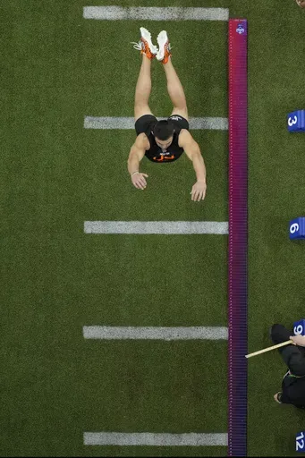 TCU wide receiver Jack Bech participates in a drill at the NFL football scouting combine, Saturday, March 1, 2025, in Indianapolis. (AP Photo/Charlie Riedel)